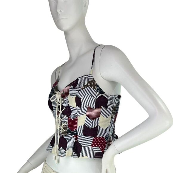 Free People Front Lace Cropped Corset Patchwork Print Tank Top Size Small - Picture 3 of 10